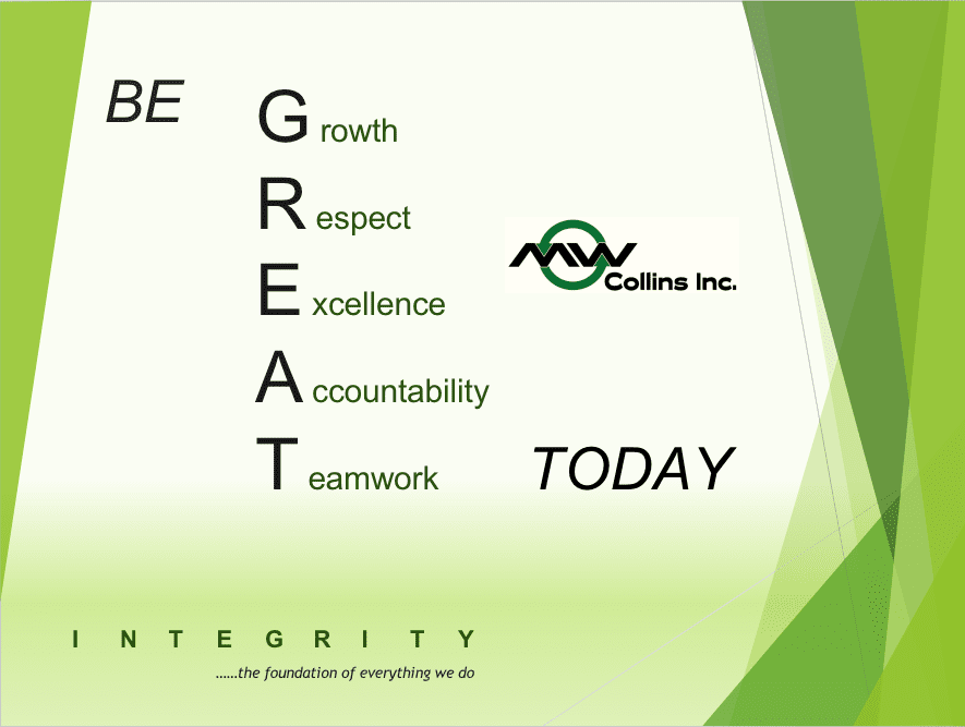 MW Collins core values. Be GREAT today